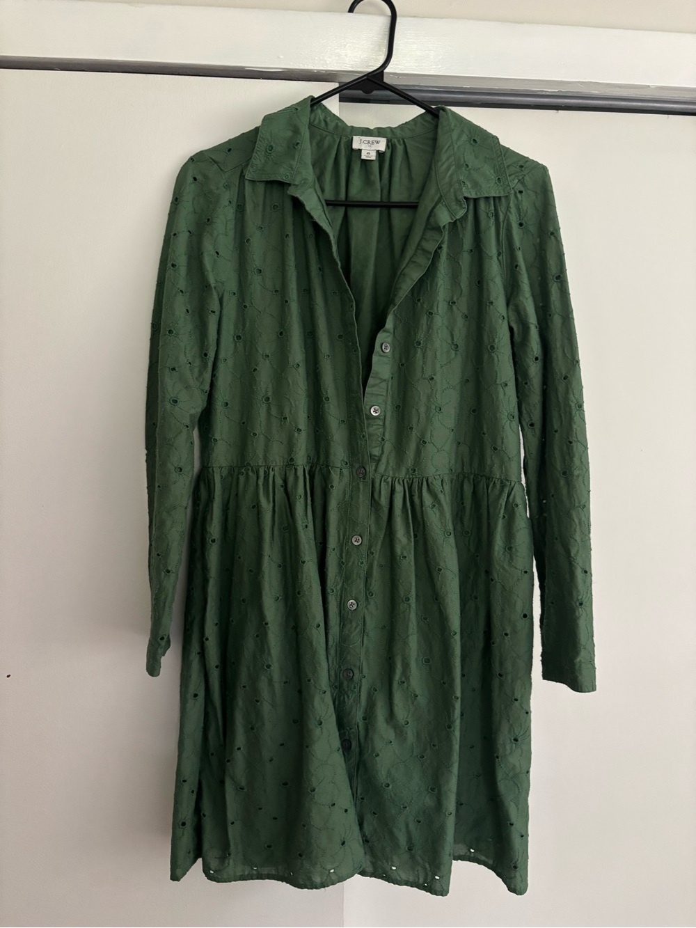 J. Crew Green Eyelet Long-Sleeve Shirt Dress